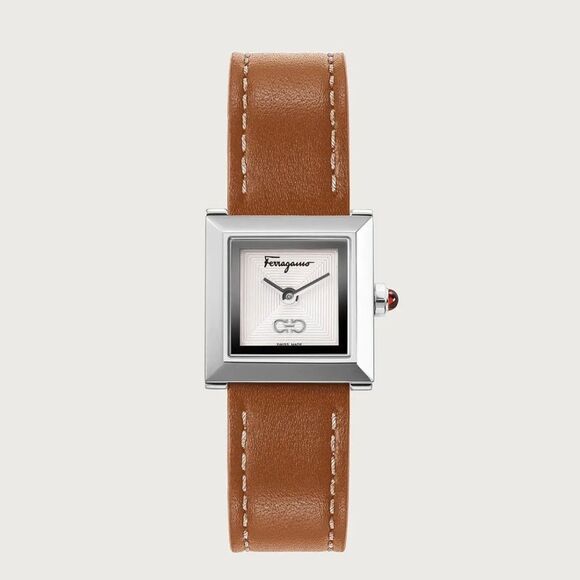 Ferragamo Square Brown Leather Strap Watch 19mm - Picture 1 of 15